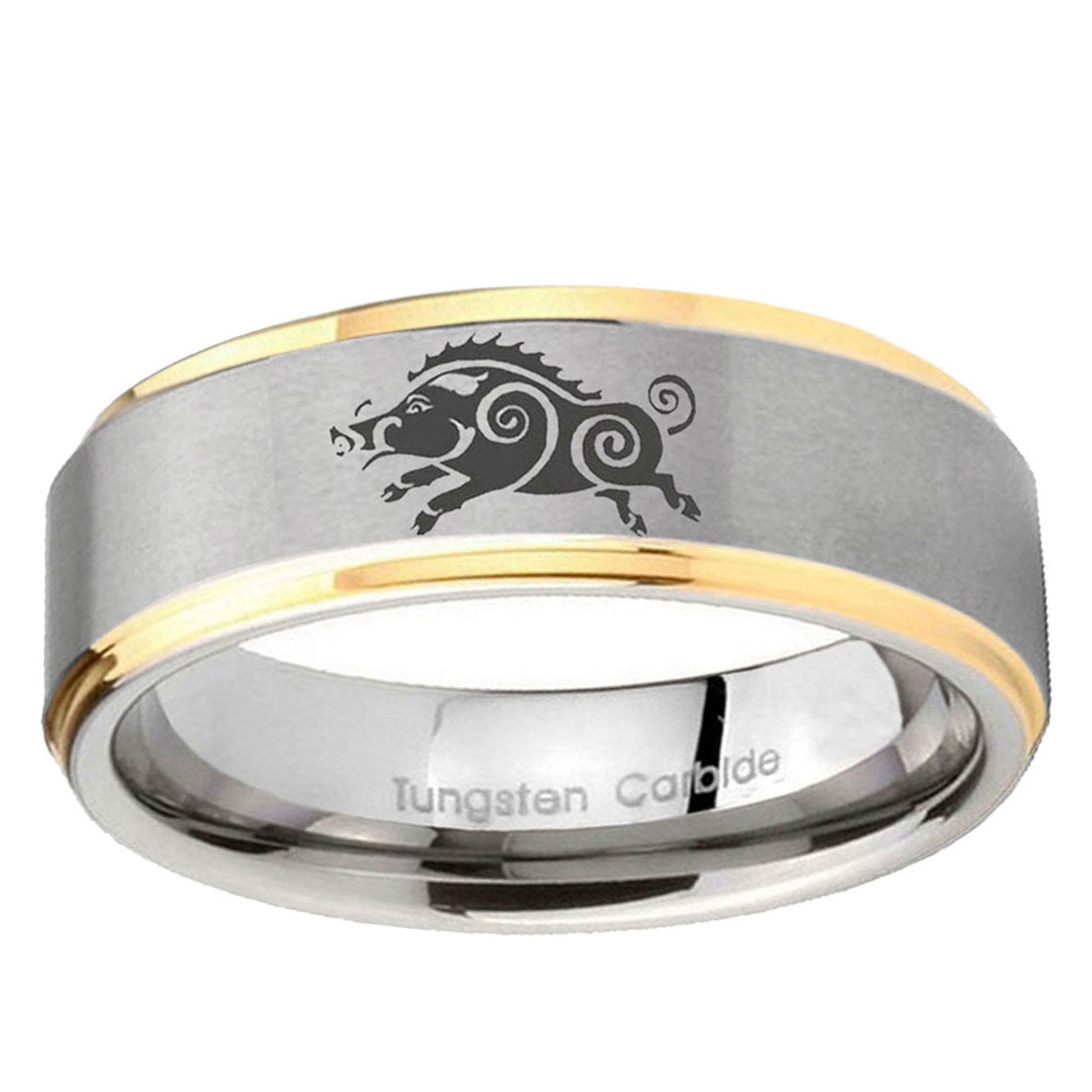 10mm Wild Boar Step Edge Gold 2 Tone Tungsten Ring