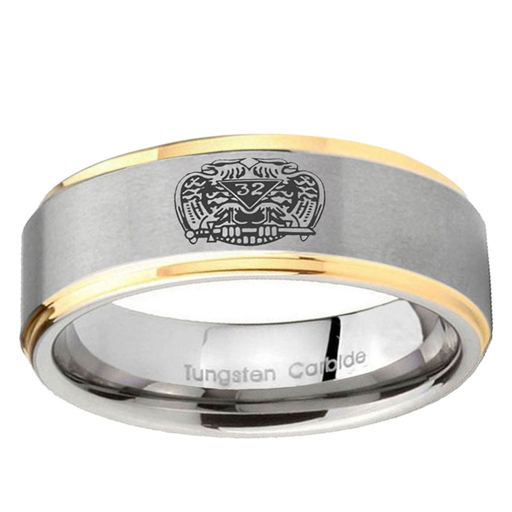 10mm Masonic 32 Degree Freemason Step Edge Gold 2 Tone Tungsten Carbide Mens Ring