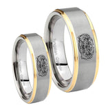 Bride and Groom Masonic 32 Degree Freemason Step Edges Gold 2 Tone Tungsten Mens Promise Ring Set