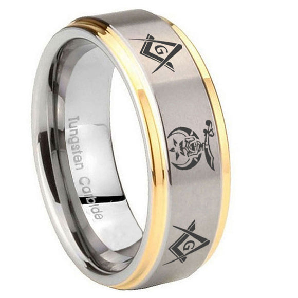10mm-Masonic-Shriners-Step-Edges-Gold-2-Tone-Tungsten-Carbide-Custom-Mens-Ring