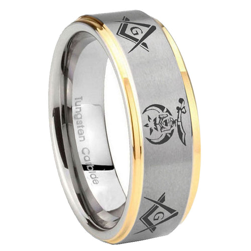8mm Masonic Shriners Step Edges Gold 2 Tone Tungsten Ring