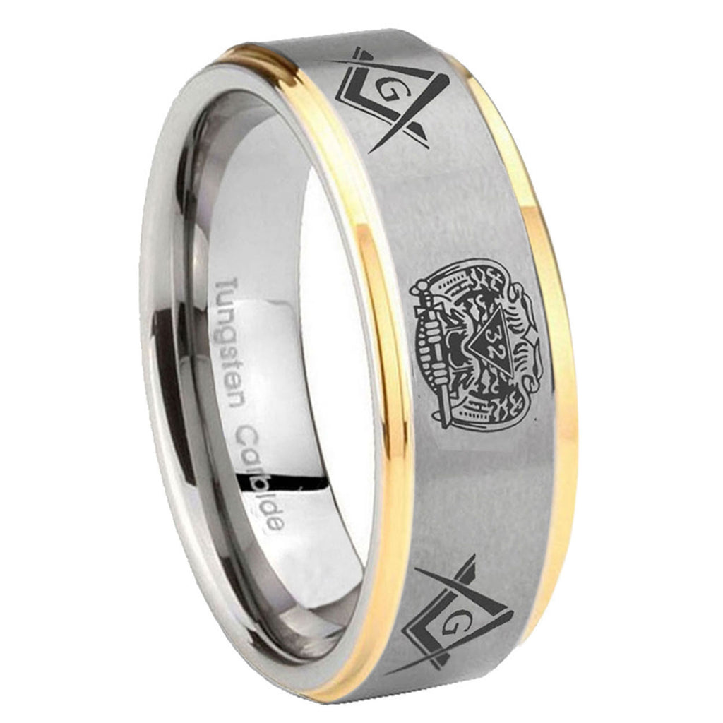 10mm Masonic 32 Design Step Edges Gold 2 Tone Tungsten Wedding Engagement Ring