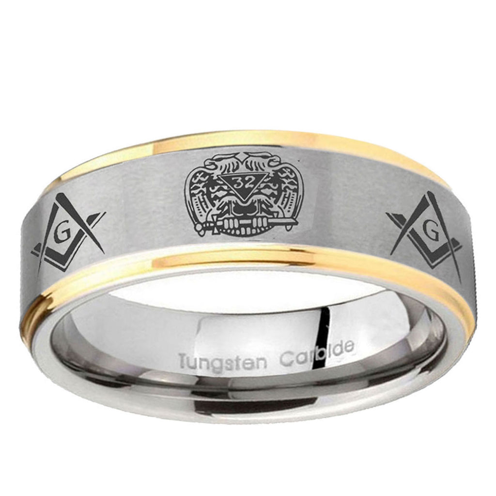 10mm Masonic 32 Design Step Edge Gold 2 Tone Tungsten Ring