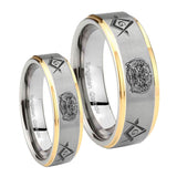 His Hers Masonic 32 Design Step Edges Gold 2 Tone Tungsten Wedding Band Ring Set