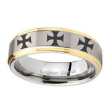 8mm-Multiple-Maltese-Cross-Step-Edges-Gold-2-Tone-Tungsten-Men's-Engagement-Ring