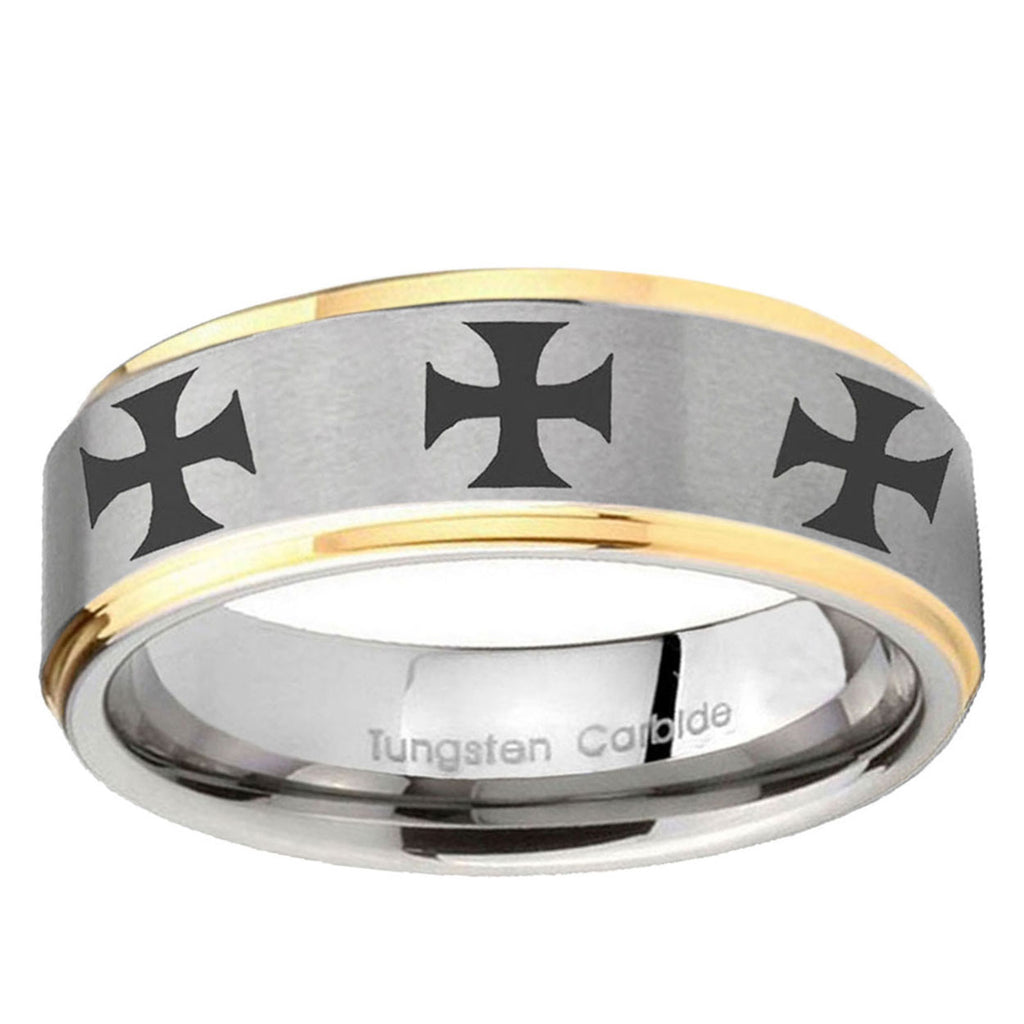 10mm Multiple Maltese Cross Step Edge Gold 2 Tone Tungsten Mens Engagement Ring