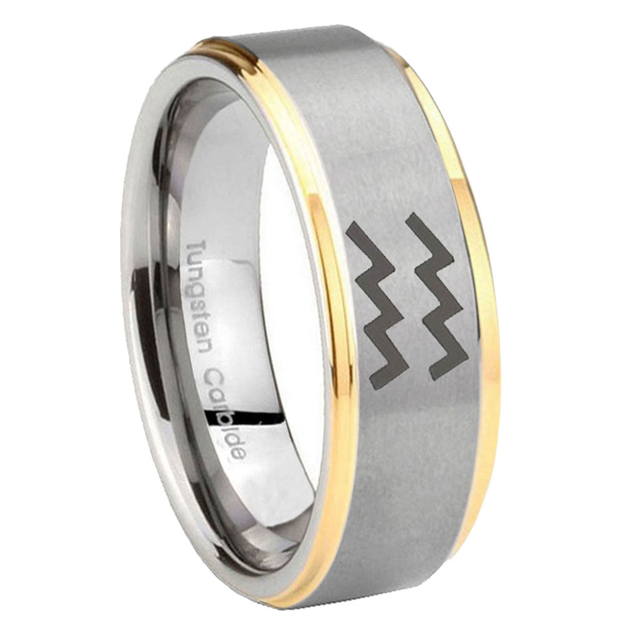 8mm Aquarius Horoscope Step Edges Gold 2 Tone Tungsten Band