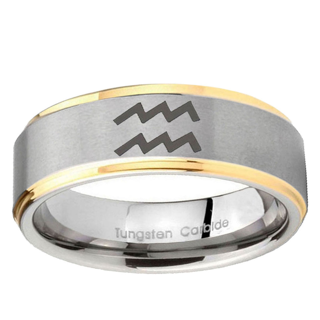 5mm Aquarius Horoscope Step Edges Gold 2 Tone Tungsten Band