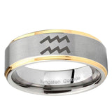 10mm Aquarius Horoscope Step Edge Gold 2 Tone Tungsten Carbide Mens Bands Ring