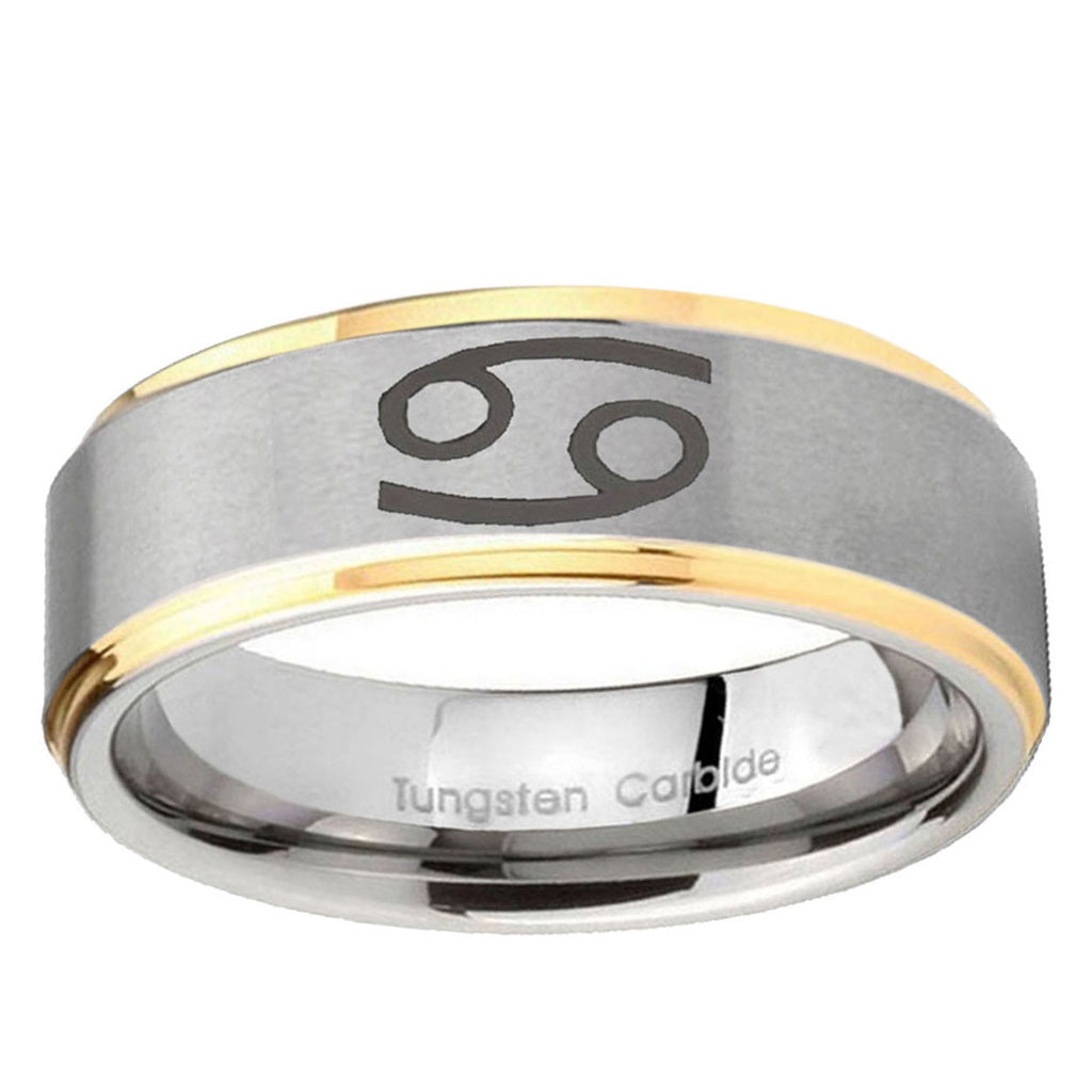 10mm Cancer Horoscope Step Edge Gold 2 Tone Tungsten Ring