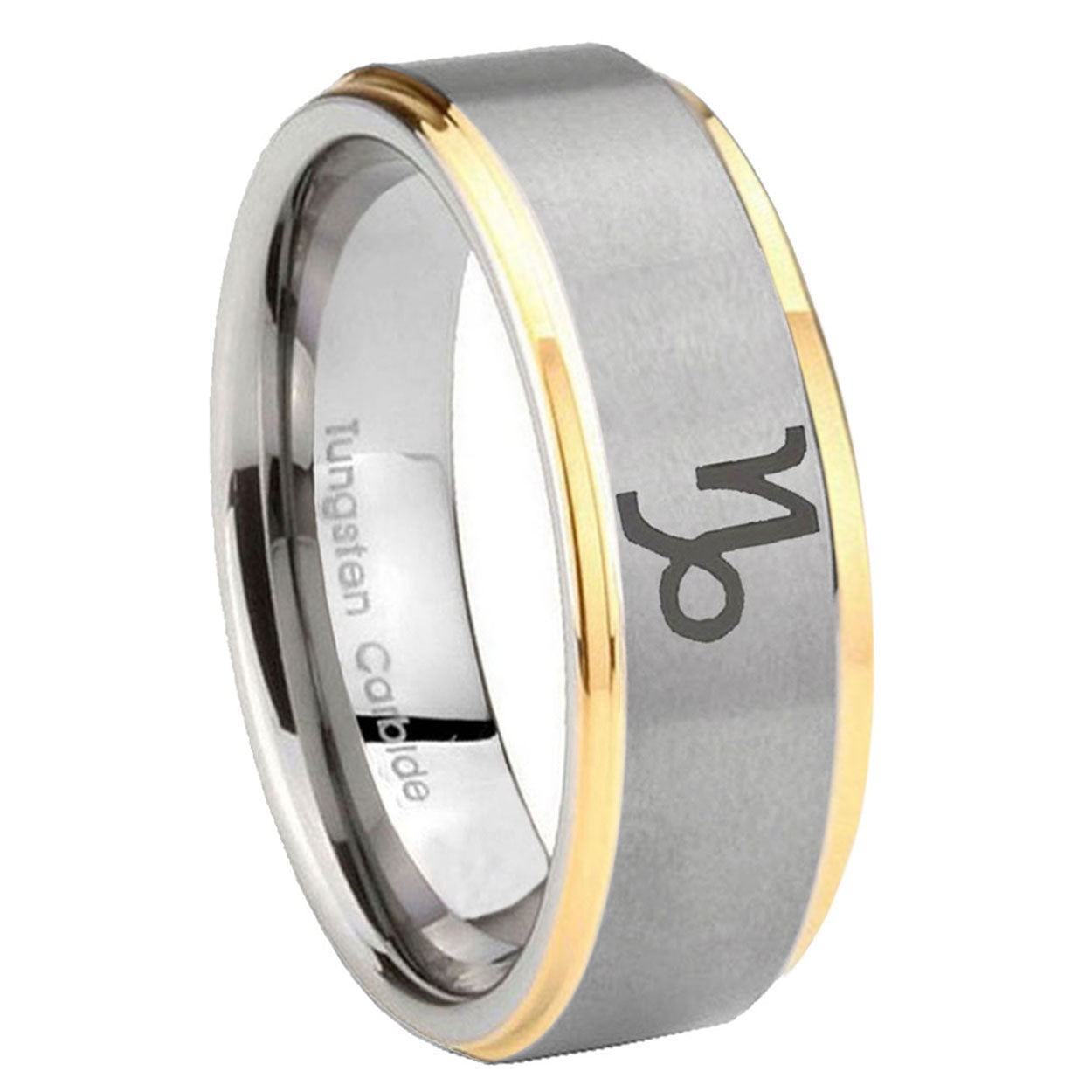 8mm Capricorn Zodiac Step Edges Gold 2 Tone Tungsten Ring