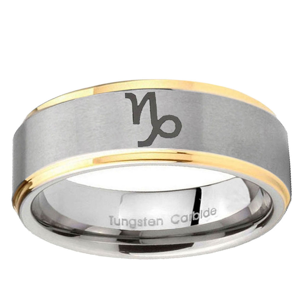 10mm Capricorn Zodiac Step Edge Gold 2 Tone Tungsten Men's Engagement Band