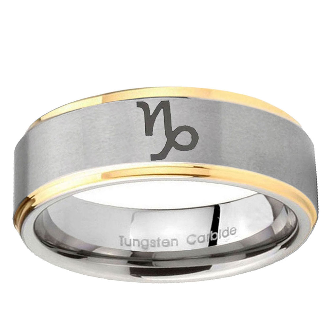 5mm Capricorn Zodiac Step Edges Gold 2 Tone Tungsten Ring
