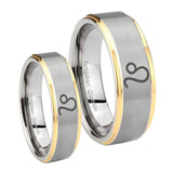 His Hers Leo Zodiac Step Edges Gold 2 Tone Tungsten Wedding Engraving Ring Set