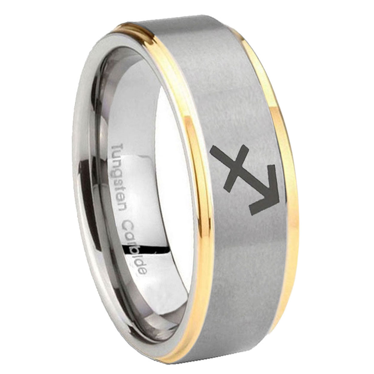 8mm Sagittarius Zodiac Step Edges Gold 2 Tone Tungsten Ring