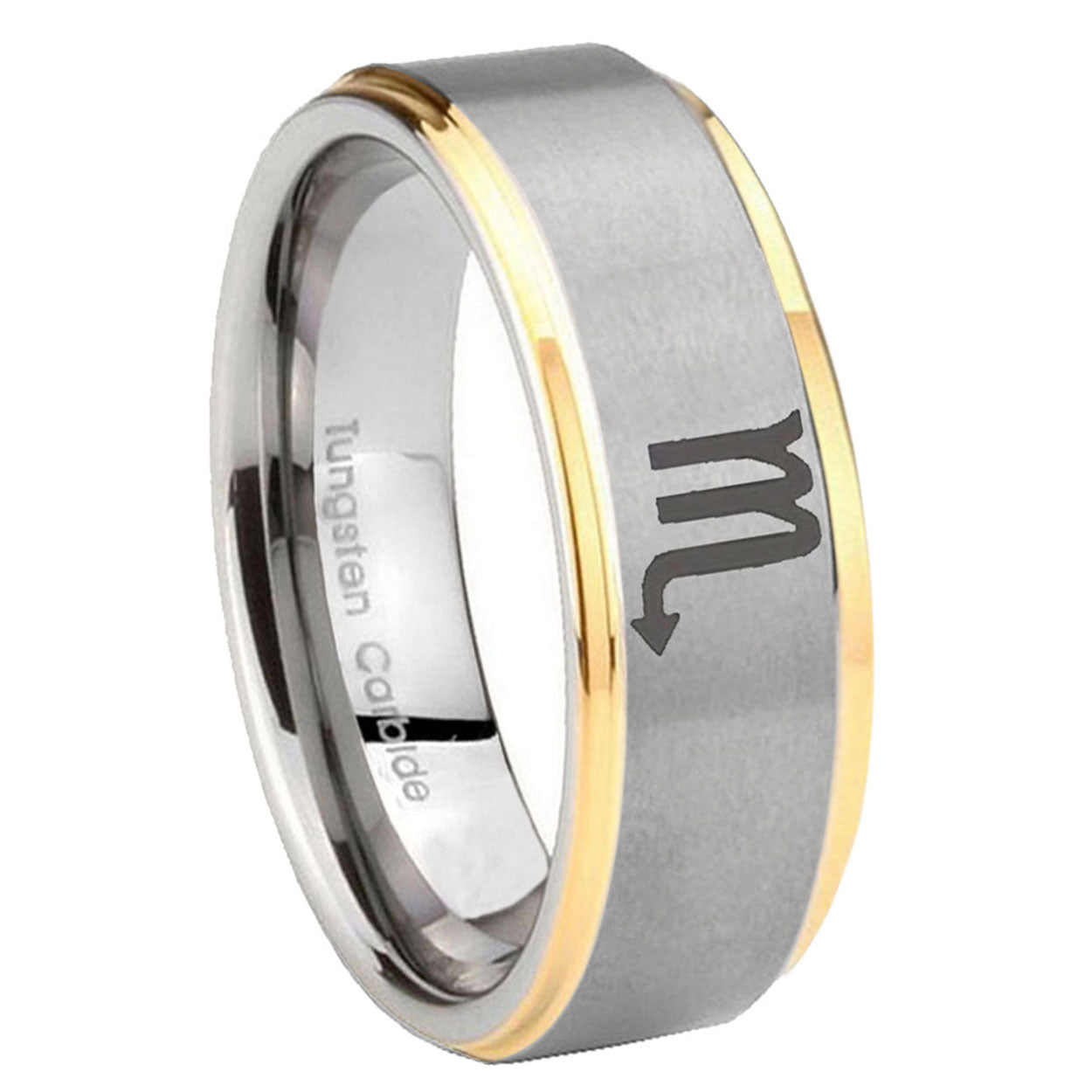 8mm Scorpio Horoscope Step Edge Gold 2 Tone Tungsten Ring