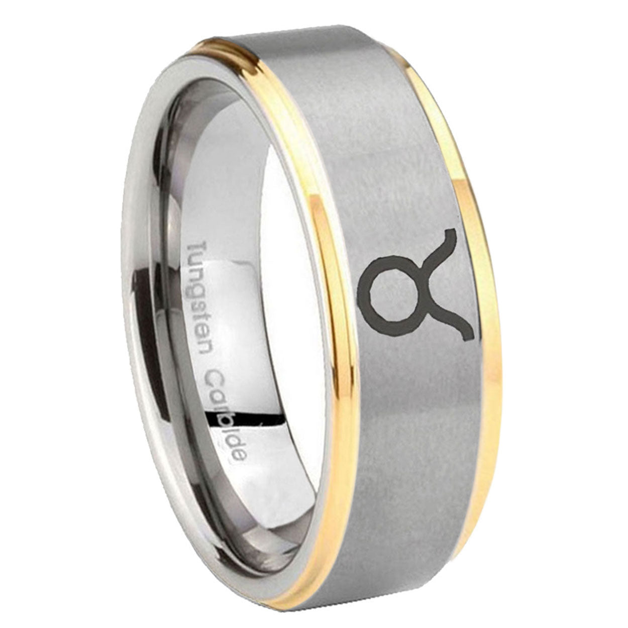 8mm Taurus Horoscope Step Edge Gold 2 Tone Tungsten Ring