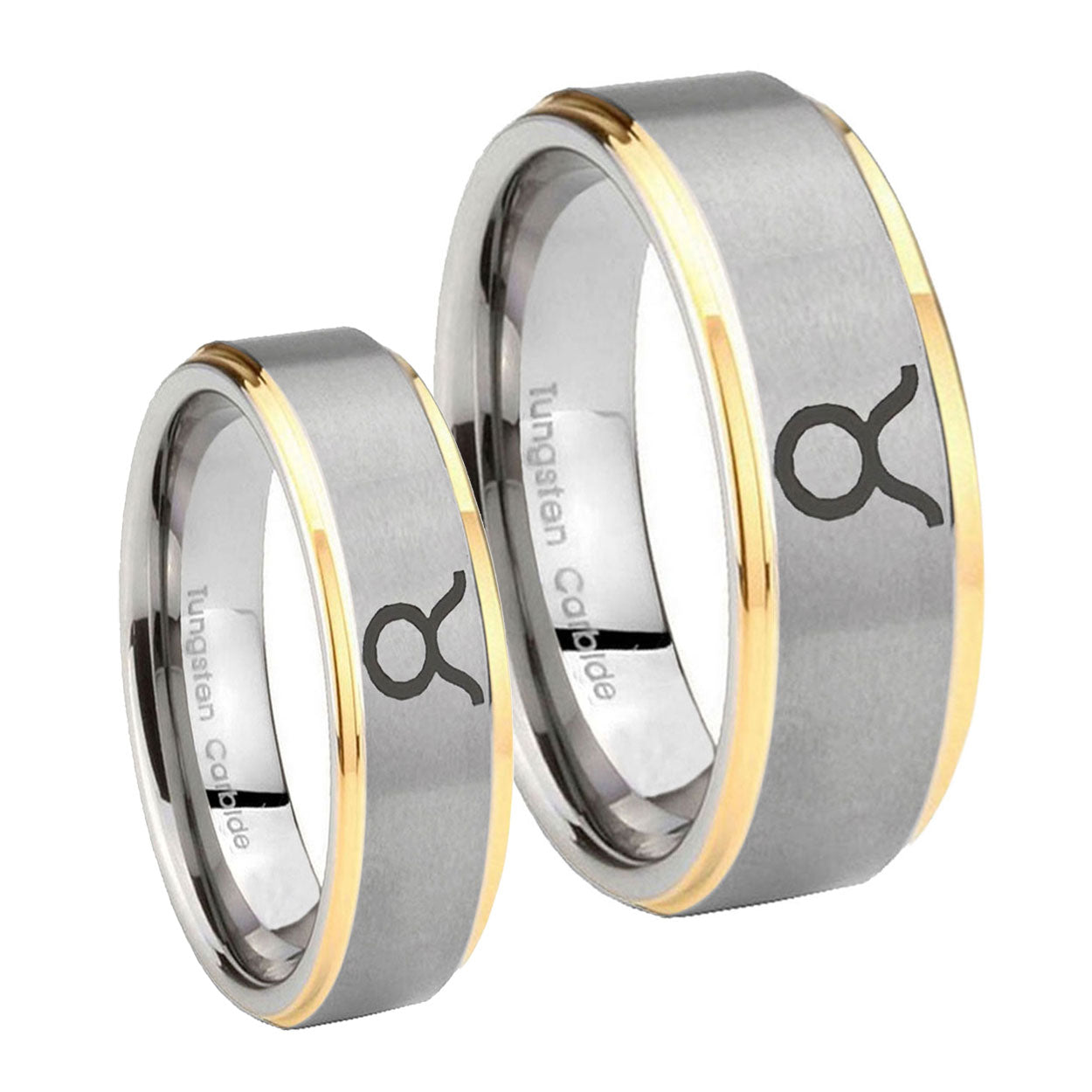Taurus Horoscope Step Edges Gold 2 Tone Tungsten Bridal Band Set