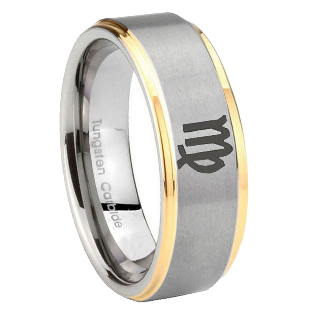 10mm Virgo Zodiac Step Edges Gold 2 Tone Tungsten Carbide Mens Ring Personalized
