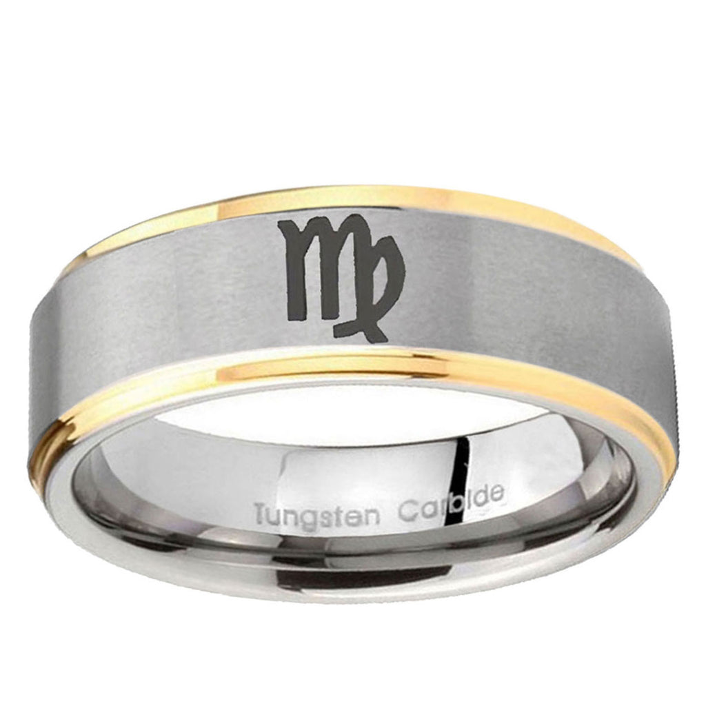 10mm Virgo Zodiac Step Edge Gold 2 Tone Tungsten Ring