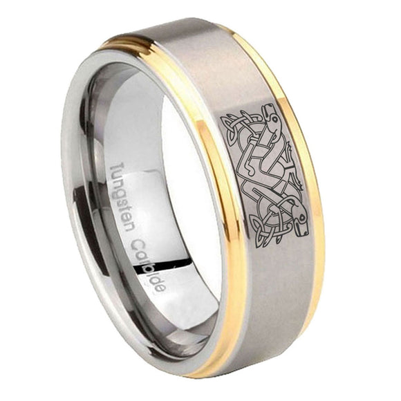 8mm-Celtic-Dog-Step-Edges-Gold-2-Tone-Tungsten-Carbide-Mens-Ring