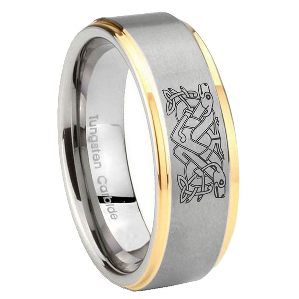 8mm Celtic Dog Step Edges Gold 2 Tone Tungsten Mens Ring