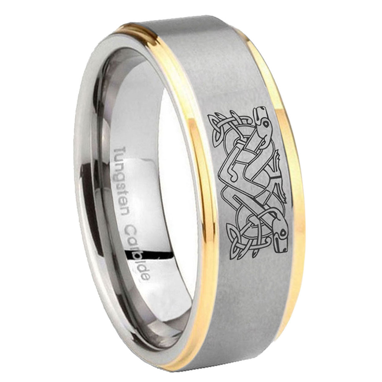 8mm Celtic Dog Step Edges Gold 2 Tone Tungsten Mens Ring