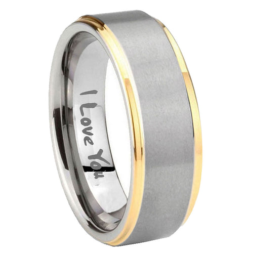 10mm I Love You Step Edges Gold 2 Tone Tungsten Carbide Men's Engagement Ring