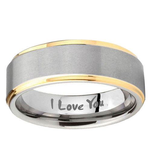 10mm I Love You Step Edge Gold 2 Tone Tungsten Ring