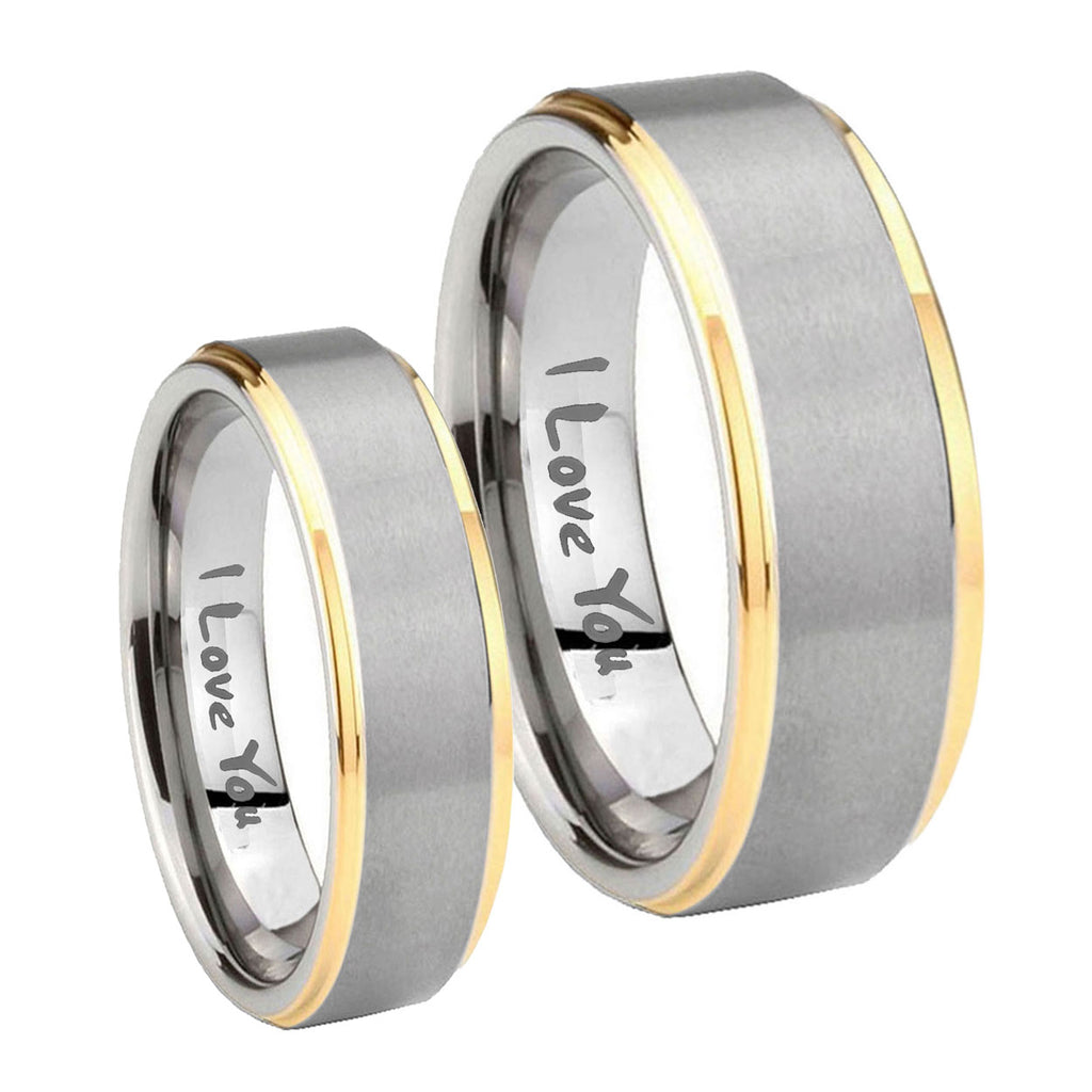 I Love You Step Edges Gold 2 Tone Tungsten Couple Rings