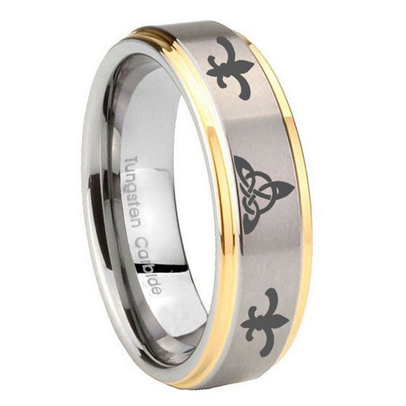 8mm-Celtic-Triangle-Fleur-De-Lis-Step-Edges-Gold-2-Tone-Tungsten-Bands-Ring