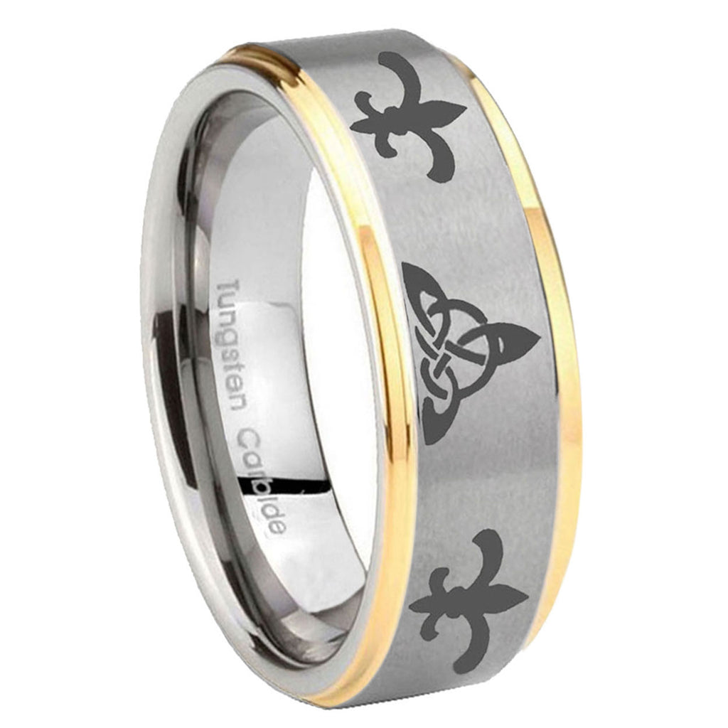 8mm Celtic Triangle Fleur-De-Lis Step Edge Gold 2 Tone Tungsten Band