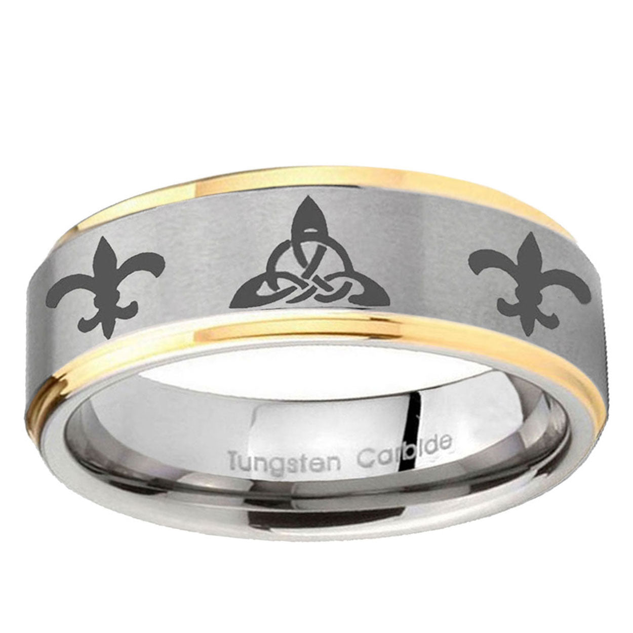 5mm Celtic Triangle Fleur-De-Lis Step Edge Gold 2 Tone Tungsten Band