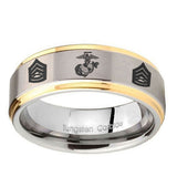 10mm-Marine-Army-Sergeant-Step-Edges-Gold-2-Tone-Tungsten-Carbide-Custom-Mens-Ring