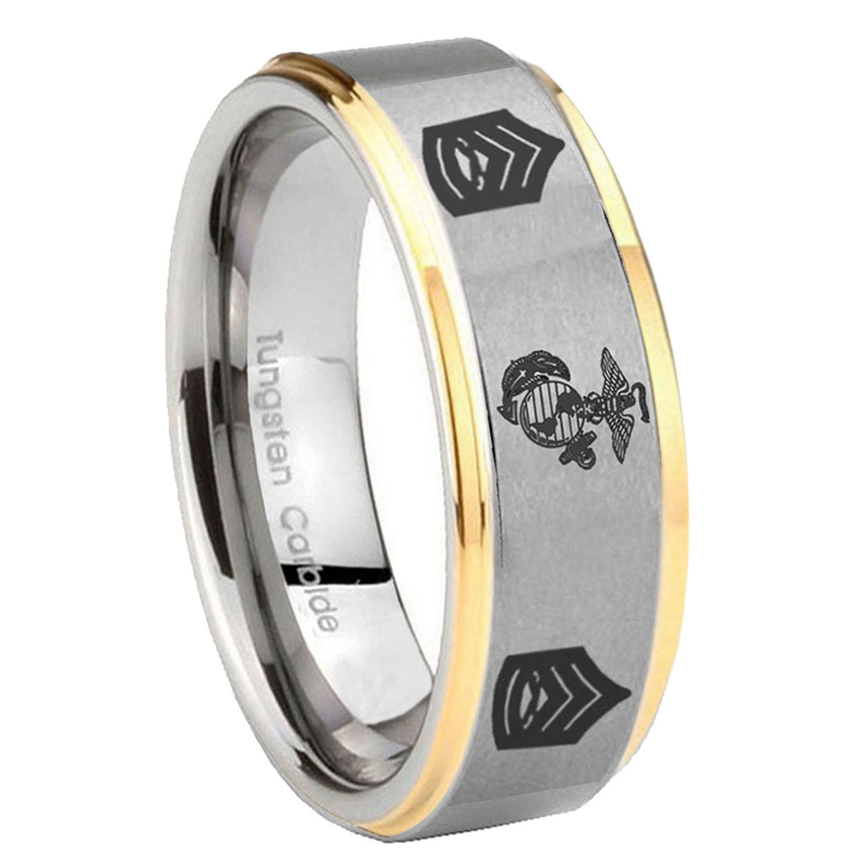 10mm Marine Army Sergeant Step Edges Gold 2 Tone Tungsten Carbide Custom Mens Ring