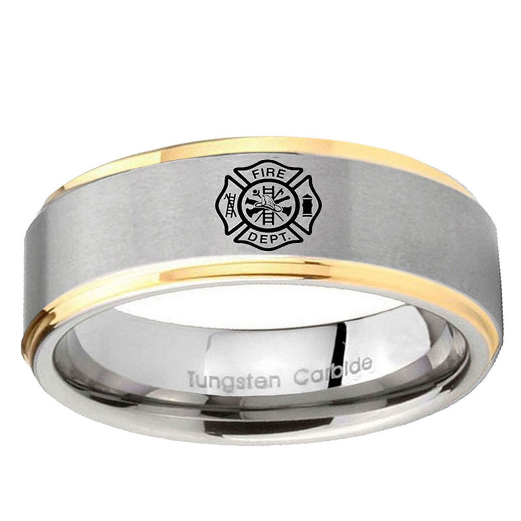 5mm Fire Department Step Edges Gold 2 Tone Tungsten Ring