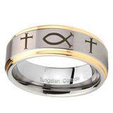 10mm-Fish-&-Cross-Step-Edges-Gold-2-Tone-Tungsten-Carbide-Mens-Ring-Personalized