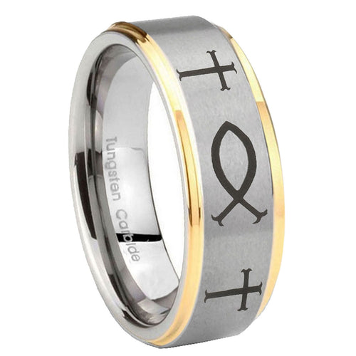 8mm Fish & Cross Step Edges Gold 2 Tone Tungsten Men Bands