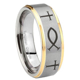 8mm Fish & Cross Step Edges Gold 2 Tone Tungsten Carbide Mens Wedding Band