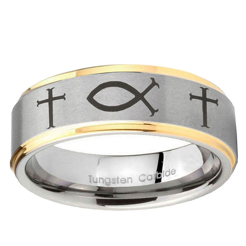 5mm Fish & Cross Step Edges Gold 2 Tone Tungsten Men Bands