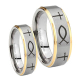 Bride and Groom Fish & Cross Step Edges Gold 2 Tone Tungsten Men's Ring Set