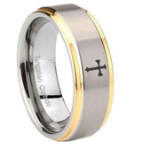8mm-Flat-Christian-Cross-Step-Edges-Gold-2-Tone-Tungsten-Men's-Wedding-Band