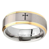 10mm-Flat-Christian-Cross-Step-Edges-Gold-2-Tone-Tungsten-Mens-Wedding-Band