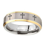 10mm-Multiple-Christian-Cross-Step-Edges-Gold-2-Tone-Tungsten-Men's-Ring