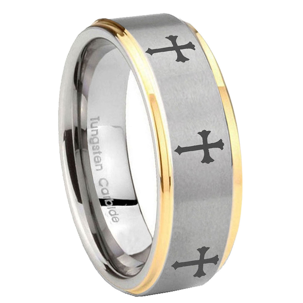 8mm Multiple Christian Cross Step Edge Gold 2 Tone Tungsten Ring