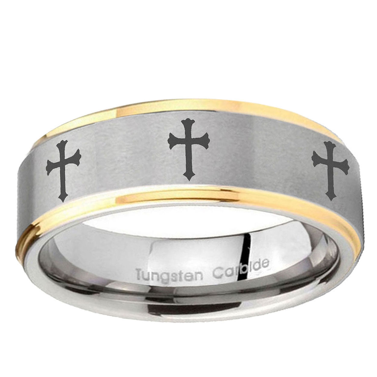 5mm Multiple Christian Cross Step Edge Gold 2 Tone Tungsten Ring