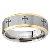 5, 8mm Multiple Christian Cross Step Edge Gold 2 Tone Tungsten Ring