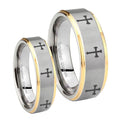 Multiple Christian Cross Step Edges Gold 2 Tone Tungsten Couples Ring Set
