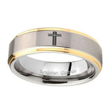 10mm-Flat-Christian-Cross-Step-Edges-Gold-2-Tone-Tungsten-Mens-Ring-Engraved