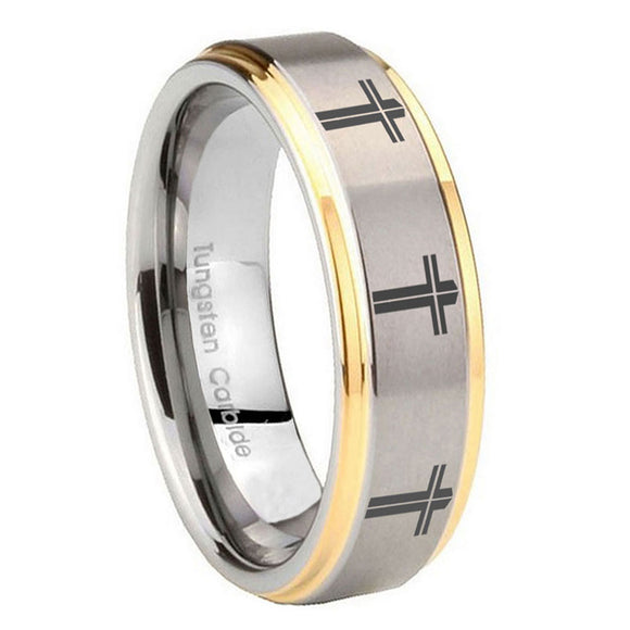 10mm-Multiple-Christian-Cross-Step-Edges-Gold-2-Tone-Tungsten-Carbide-Mens-Ring